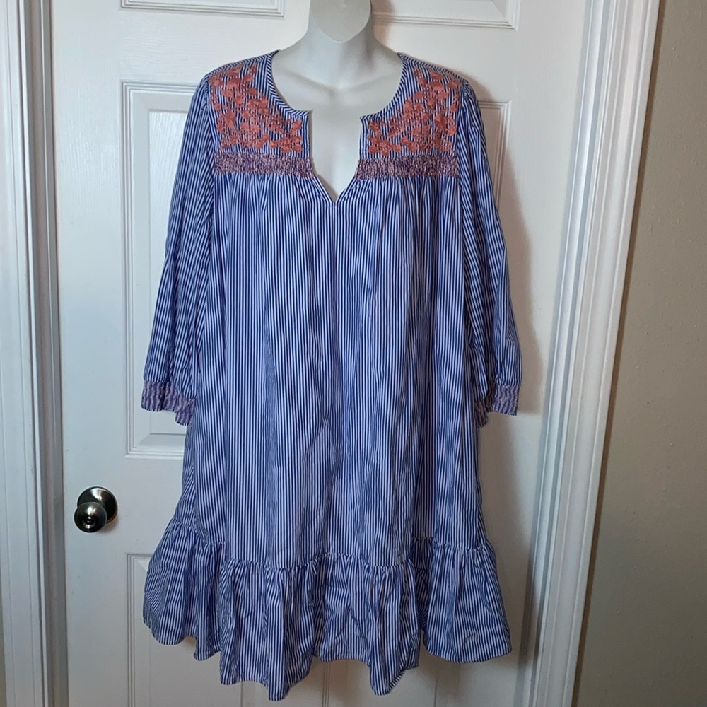 J. Crew Dress Embroidered Blue White Stripe Poplin Pullover Ruffle Trim L